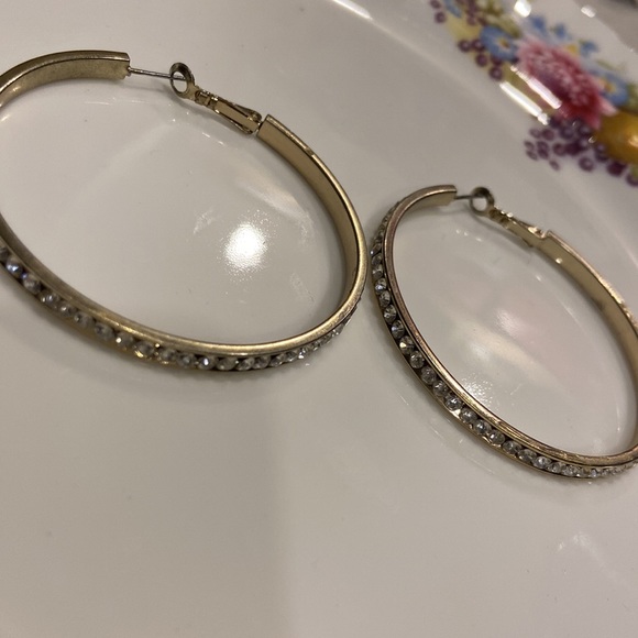 EUC * Guess Jeans * Gold Tone Pave Crystal Hoop Earrings - Picture 2 of 2